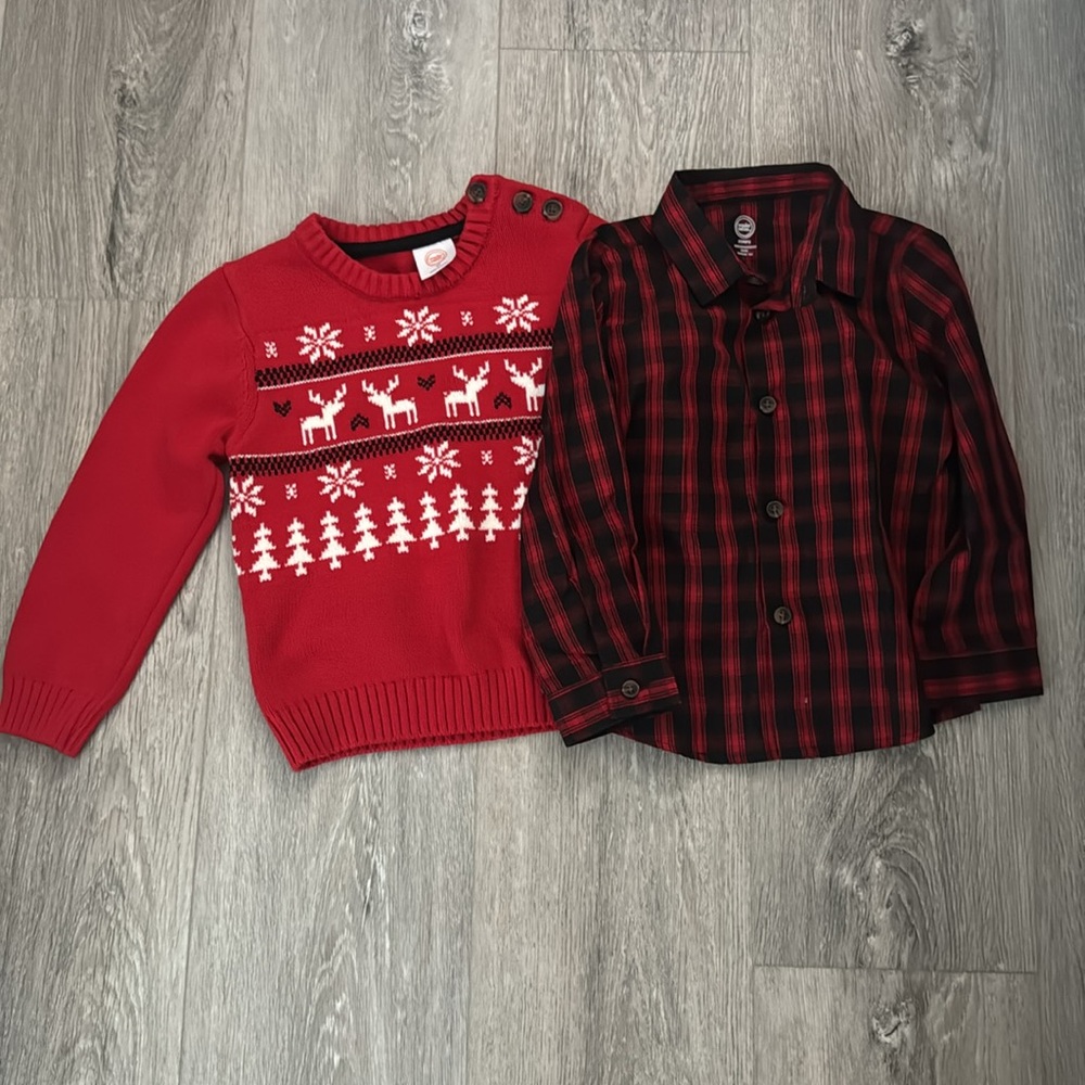 Wonder Nation Red Reindeer & Trees Sweater &Coordinating Red/Black Shirt Size 3T